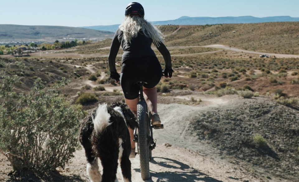 dog owner riding bike with their dog